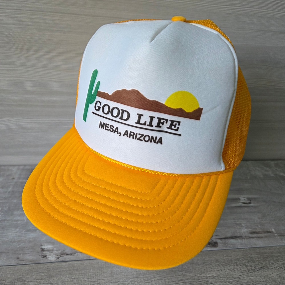 Vtg Nissin Trucker Hat Foam Cap Good Life Mesa Arizona Yellow White Mesh Retro - Picture 9 of 12